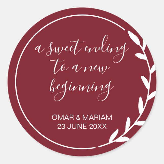 Sticker Rond Sweet Terminer nouveau début Cabernet Mariage roug (Devant)