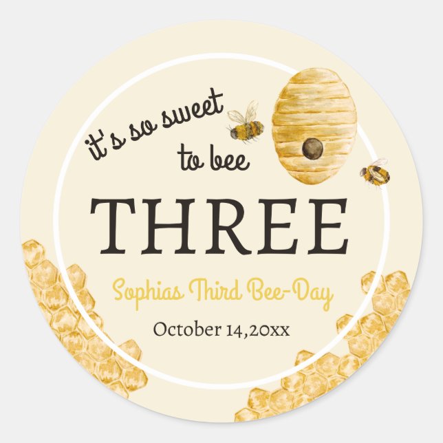 Sticker Rond Sweet To Bee Three Third Birthday Bees Honeycomb (Devant)