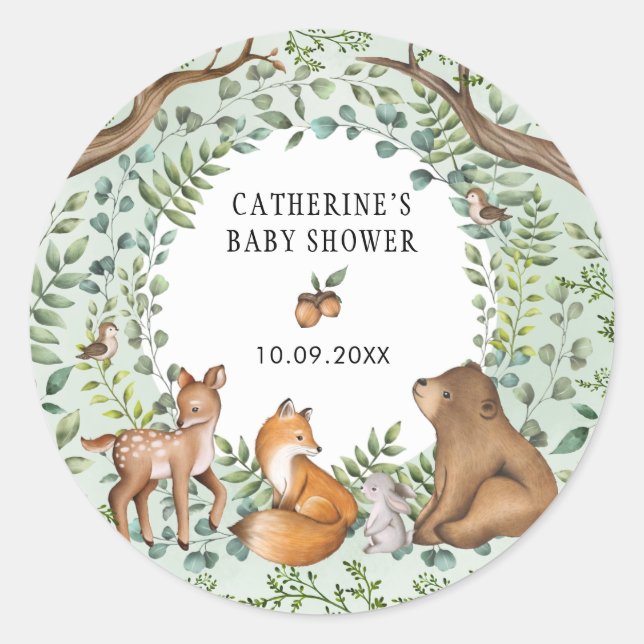 Sticker Rond Sweet Woodland Forest Animaux Baby shower Annivers (Devant)