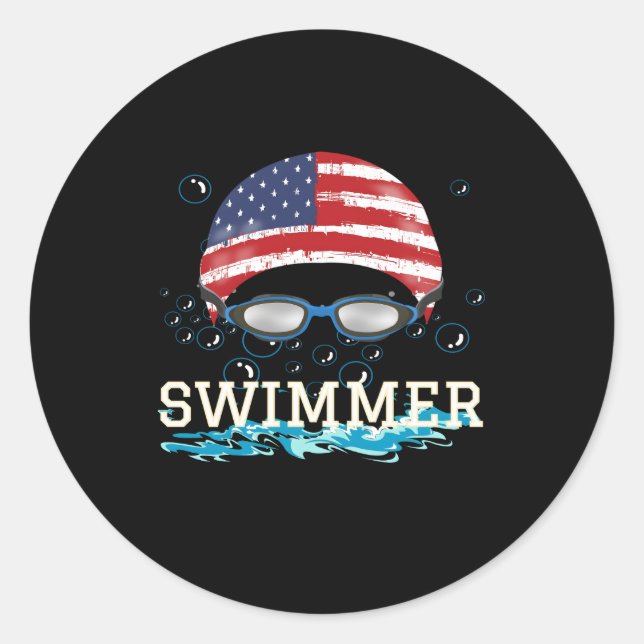 Sticker Rond Swim Swimmer Natation Sports Usa Drapeau Casquette (Devant)