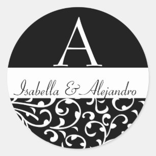 Sticker Rond Swirl Damask Monogrammes Noms Mariage Faveur Étiqu