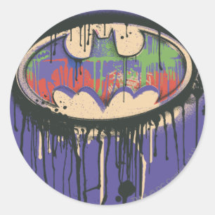 Sticker Rond Symbole Batman   Logo rouge violet vert