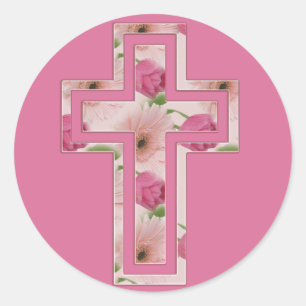 Sticker Rond Symbole croix chrétienne des fleurs roses