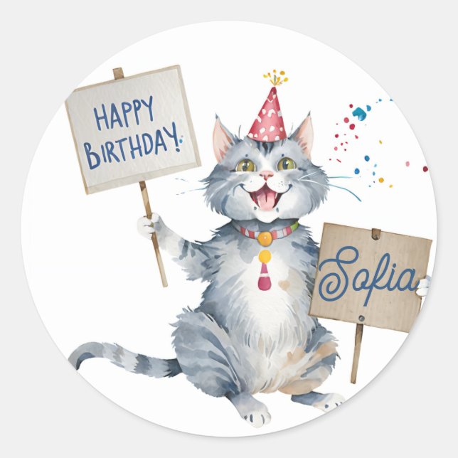 Sticker Rond Symbole d'anniversaire du chat gris - Anniversaire (Devant)