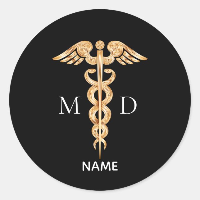 Sticker Rond Symbole de Caducée d'or et docteur Médicale Monogr (Devant)