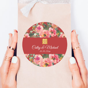 Sticker Rond Symbole de double bonheur sur fond de fleurs roses