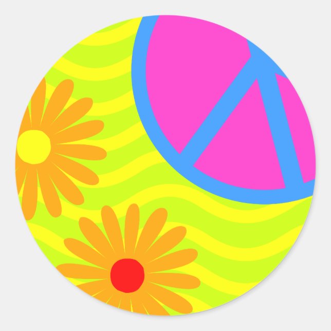 STICKER ROND SYMBOLE DE LA PAIX DES ANNÉES 70 ET FLEURS (Devant)