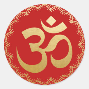 Sticker Rond Symbole de méditation Om HIndu Yoga Faux or Foil R