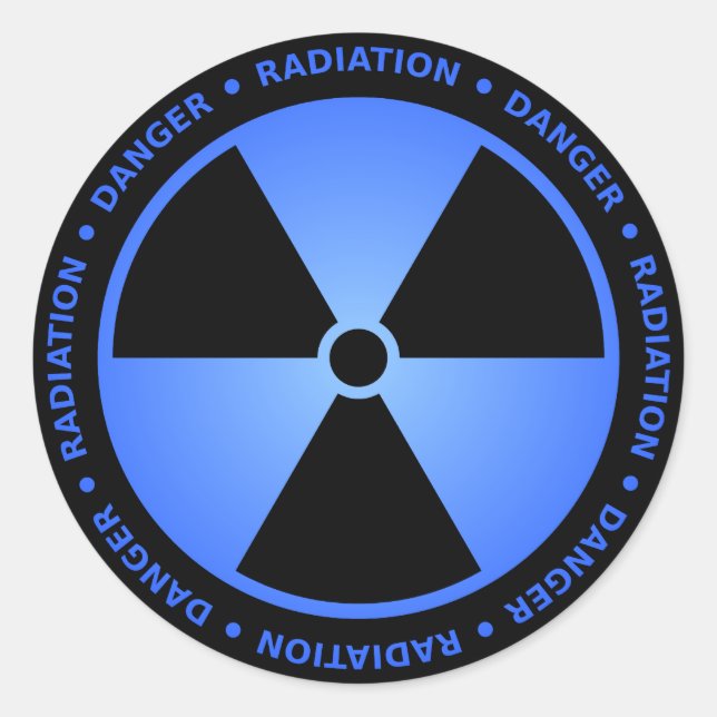 Sticker Rond Symbole de rayonnement noir et bleu avec texte (Devant)
