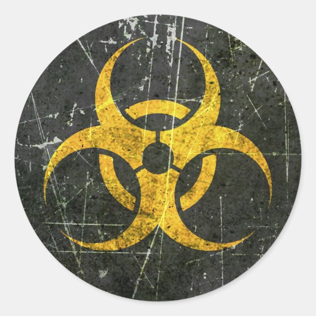 Sticker Rond Symbole de risque biologique jaune rayé et usé (Devant)
