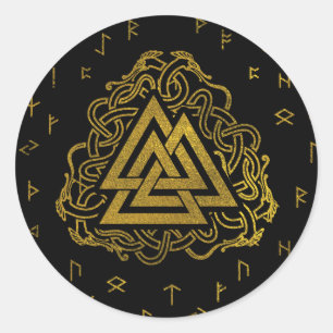 Sticker Rond Symbole de Valknut d'or sur le motif de runes