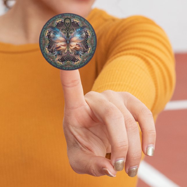 Sticker Rond Symbole de vie de papillon Ankh Mandala Affirmatio (spread the goodness with your favourite affirmation with ankh life artistry mandala by webgrrl.)