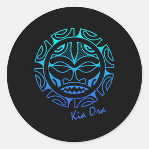 Sticker Rond Symbole de visage culturel bleu, danse Haka Kia Or