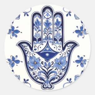 Sticker Rond Symbole main de Hamsa - Main bleue et blanche de F