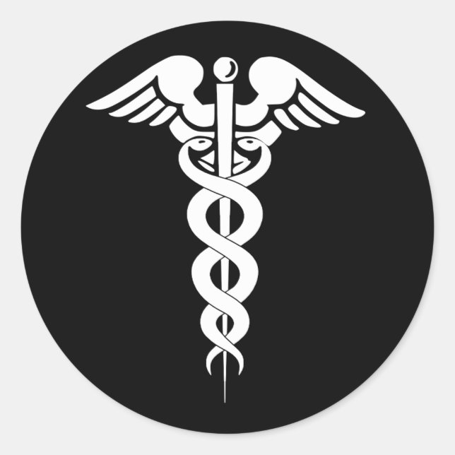 Sticker Rond Symbole Médicale de Caduceus noir et blanc (Devant)
