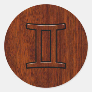 Sticker Rond Symbole moderne Gemini Zodiac sur l'acajou comme i