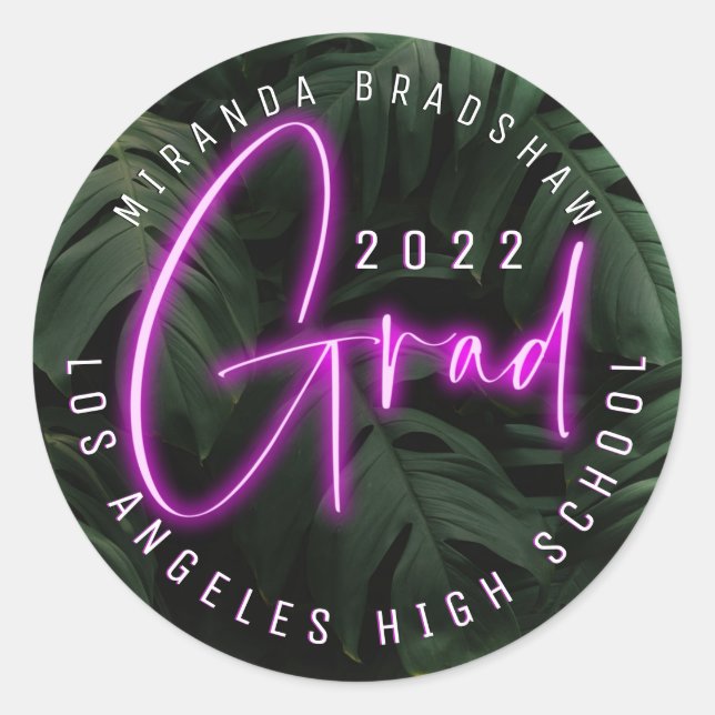 Sticker Rond SYMBOLE NEON Pink Tropical Feuilles Grad (Devant)