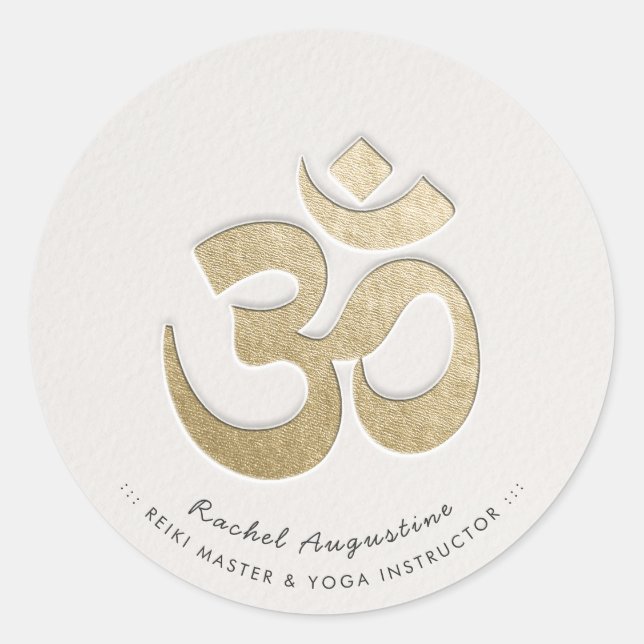Sticker Rond Symbole OM blanc et or YOGA Méditation Instructeur (Devant)