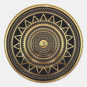 Sticker Rond Symbole OM noir et or élégant Mandala