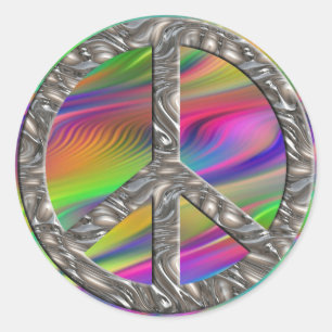 Sticker Rond Symbole PEACE - ARGENT vagues colorées