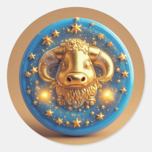 Sticker Rond Symbole Taureau Doré Sur Cercle Bleu