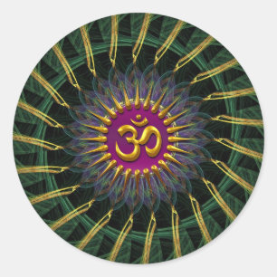 Sticker Rond Symbole Vert+Or Fractal Swirl Or (Aum)