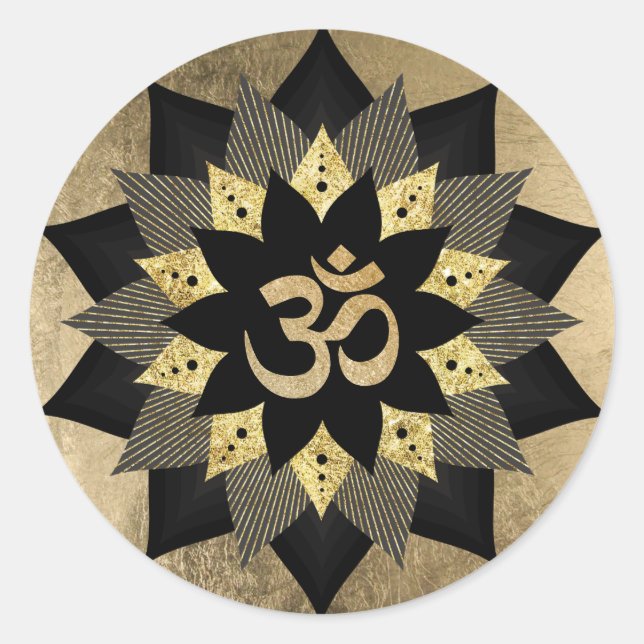 Sticker Rond Symbole Yoga Om Fleur Lotus Noir & Or (Devant)