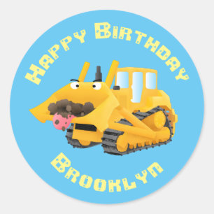 Sticker Rond Sympa joli caractère de dessin animé au bulldozer 