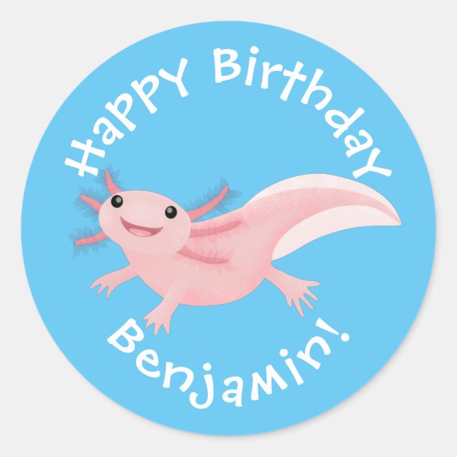 Sticker Rond Sympa rose heureux axolotl anniversaire personnali (Devant)