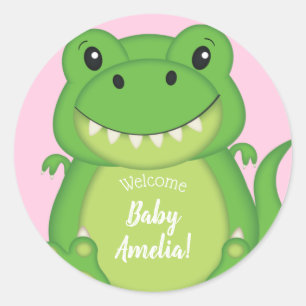 Sticker Rond T-Rex Dinosaur Baby shower rose