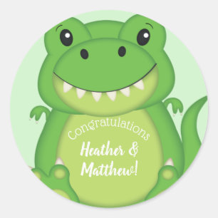 Sticker Rond T-Rex Dinosaur Baby shower vert