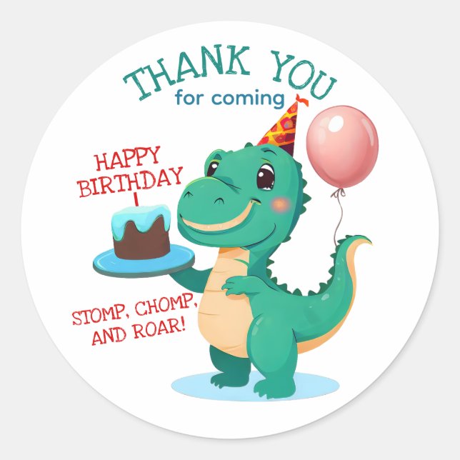 Sticker Rond T Rex Dinosaur Merci de fête d'anniversaire (Devant)