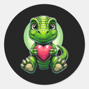 Sticker Rond T-rex Holding Heart Valentine's Day Cute Dinosaur