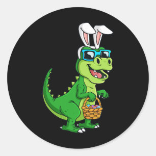 Sticker Rond T Rex Lapin De Pâques Avec Panier Oeufs Dinosaure 