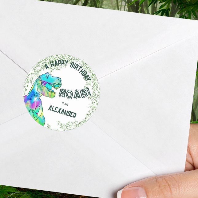 Sticker Rond T-Rex Roar Dinosaur fête d'anniversaire (A happy birthday t-rex roar personalized dinosaur party sticker)