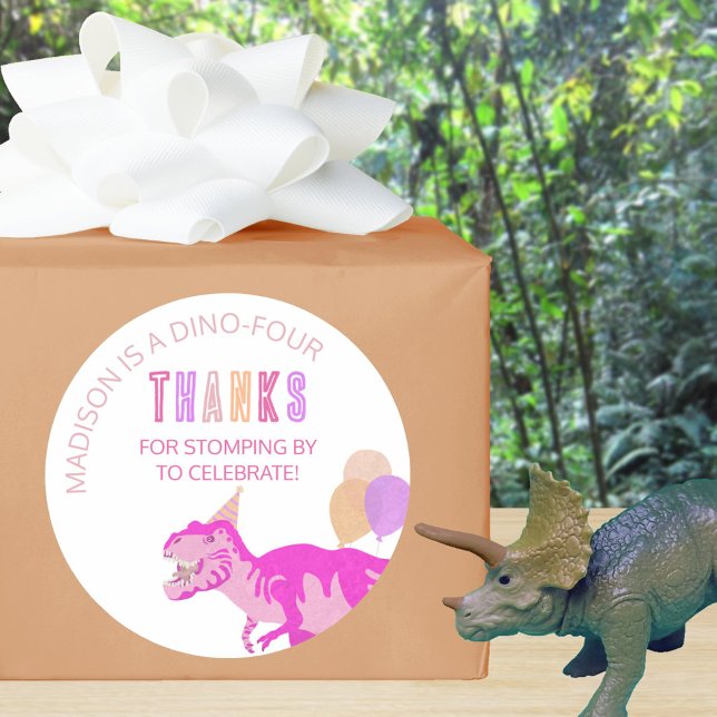 Sticker Rond T Rex Rose mignonne N'Importe Quel Âge Dinosaure M (Add your details to these cute pink dinosaur thank you stickers)