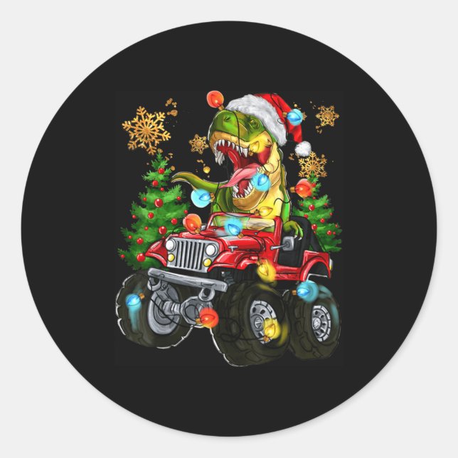 Sticker Rond T-rex Santa In Monster Truck With Christmas Trees  (Devant)