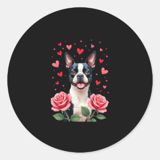 Sticker Rond T-shirt Boston Terrier avec coeurs de roses rouges