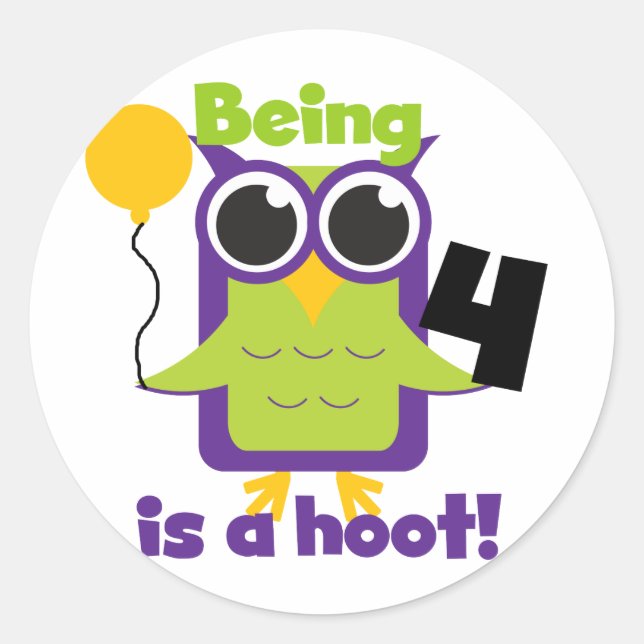 Sticker Rond T-shirts et cadeaux 4e anniversaire de Hoot Owl (Devant)
