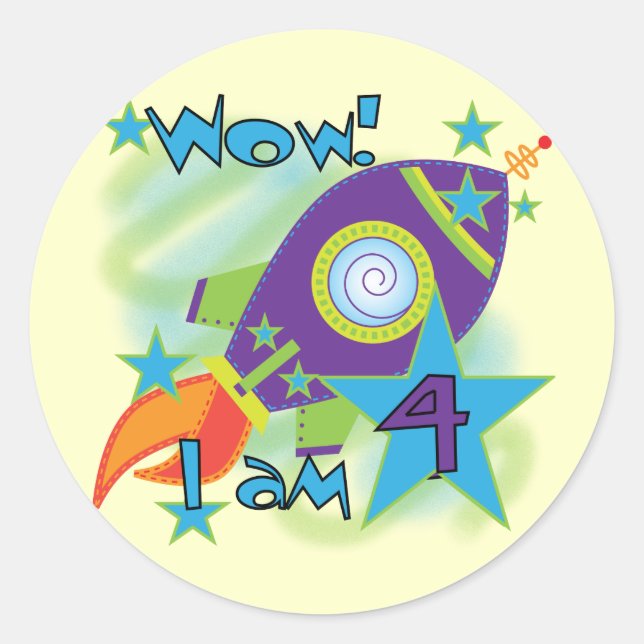 Sticker Rond T-shirts et cadeaux 4e anniversaire Rocket Ship (Devant)