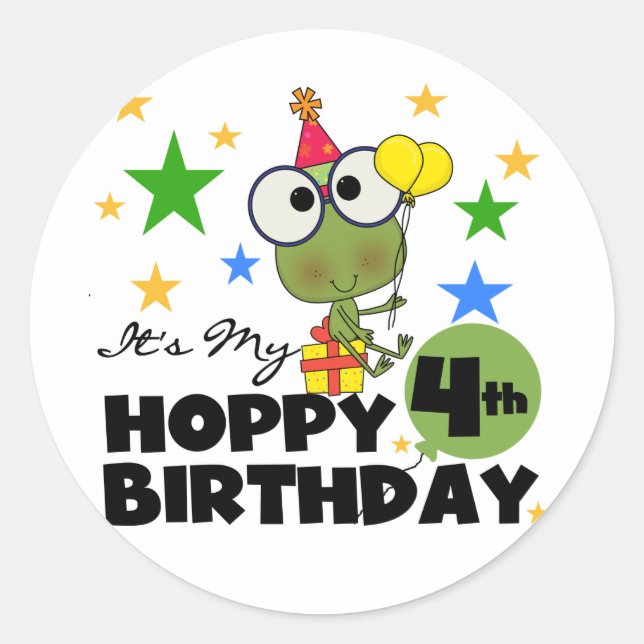 Sticker Rond T-shirts et cadeaux 4th Birthday Frog Hoppy (Devant)