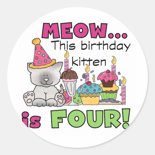 Sticker Rond T-shirts et cadeaux d'anniversaire 4th Kitten (Devant)