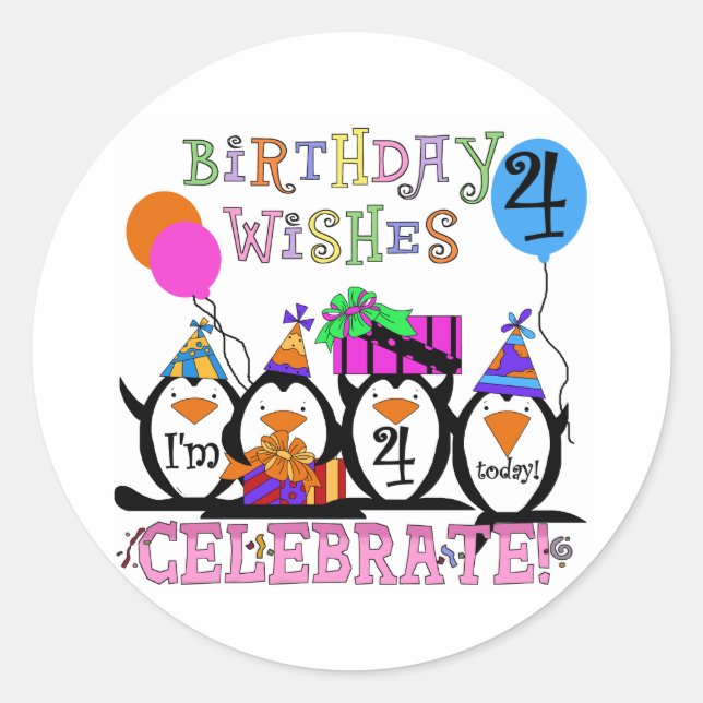 Sticker Rond T-shirts et cadeaux de 4ème anniversaire de Pengui (Devant)