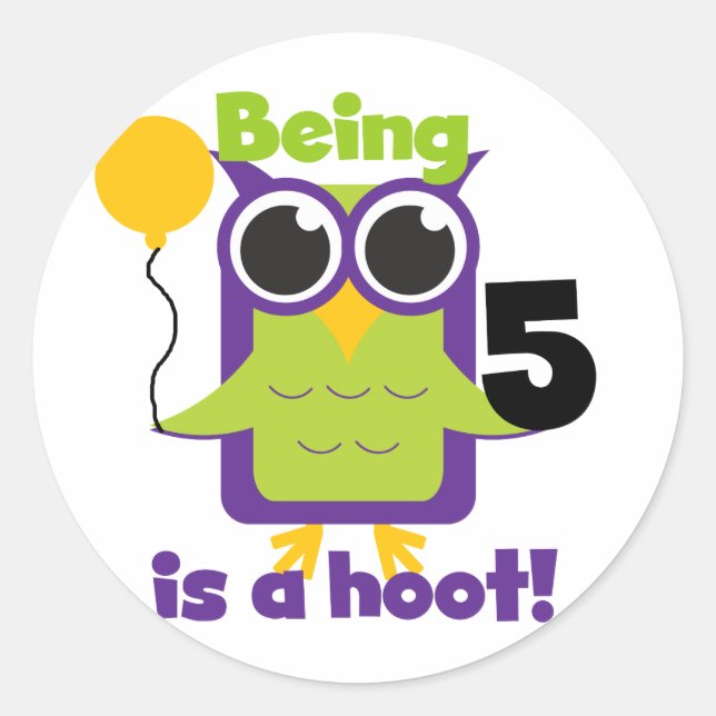 Sticker Rond T-shirts et cadeaux de 5 ans de Hoot Owl (Devant)