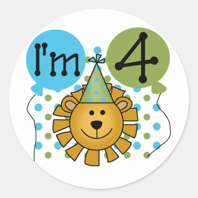 Sticker Rond T-shirts et cadeaux Lion 4th Birthday (Devant)