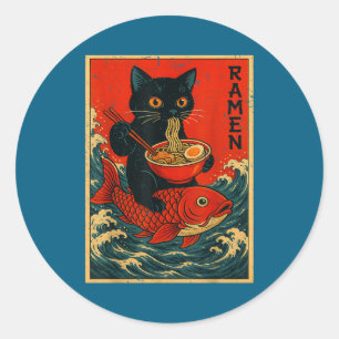 Sticker Rond T-shirts graphiques japonais Black Cat Ramen pour