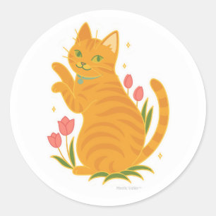 Sticker Rond Tabby orange avec tulipes