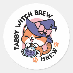 Sticker Rond Tabby Witch Brew – Joli Design de Chat d'Halloween