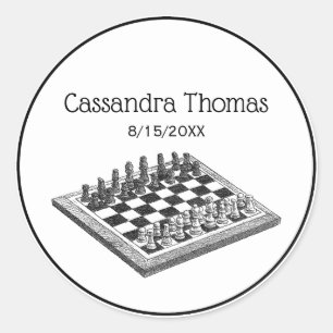 Sticker Rond Tableau d'échecs et pièces d'échecs Art Vintage
