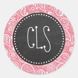 Sticker Rond Tableau noir rétro; Paisley rose pâle; Floral